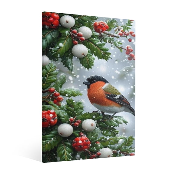 Vintage Christmas red bellied sparrow berry Wall Art Paint Framed - Retro Xmas Festive Winter Holiday Christmas Wall Decor Canvas Print for Living Room Kitchen Bathroom Home Bedroom Decor