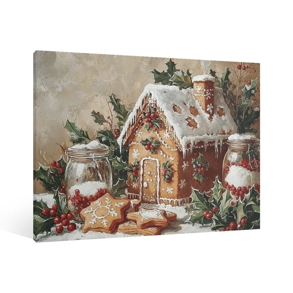 Vintage Christmas snow scenery Wall Art Paint Framed - Retro Xmas Festive Winter Holiday Christmas Wall Decor Canvas Print for Living Room Kitchen Bathroom Home Bedroom Decor