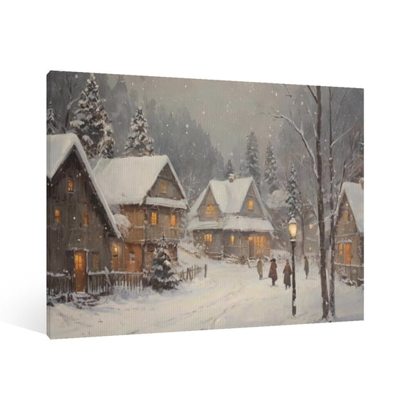 Vintage Christmas snow scenery Wall Art Paint Framed - Retro Xmas Festive Winter Holiday Christmas Wall Decor Canvas Print for Living Room Kitchen Bathroom Home Bedroom Decor