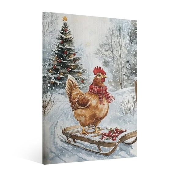 Vintage Christmas tree, Christmas chicken Wall Art Paint - Retro Xmas Festive Winter Holiday Christmas Wall Decor Canvas for Living Room Kitchen Bathroom Home Bedroom Decor Framed