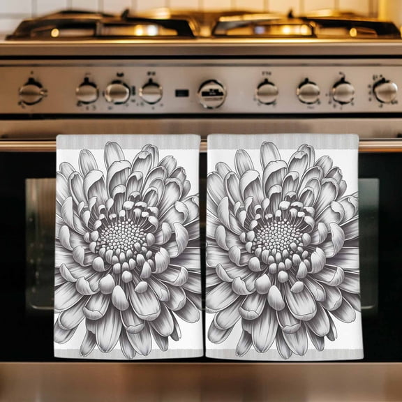 Vintage Chrysanthemum Kitchen Towels Set of 2, Elegant Floral Retro Art Absorbent Dish Towels for Kitchen, Microfiber Hand Towel, Quick Drying Tea Towel for Cleaning Decorative Dishcloths