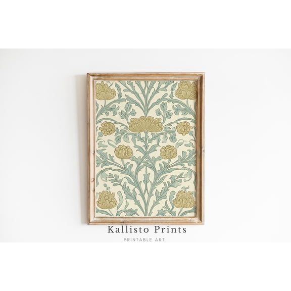 Vintage Chrysanthemum Pattern Morris Style Poster, Botanical Sage and Cream Wall Art, Cottagecore Decor ,Textured Wallart 550, Size 12x18 UNFFRAMED F03.1.6l2983