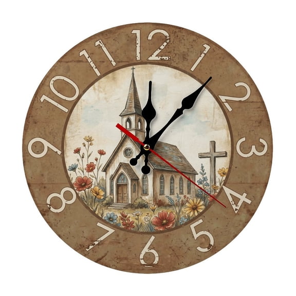 Vintage Church CountryClassic Circular Wood Hanging Clock, Complete Mounting Hardware Bedroom Decor Clock