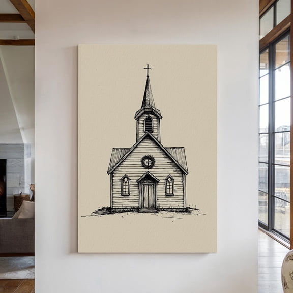 Vintage Church Ink Drawing – Rustic Chapel Sketch – Country Church Wall Art – Historic Architecture Print – Farmhouse Decor Wall Art, Modern Wall Decor, 12x18 UNFRAMED