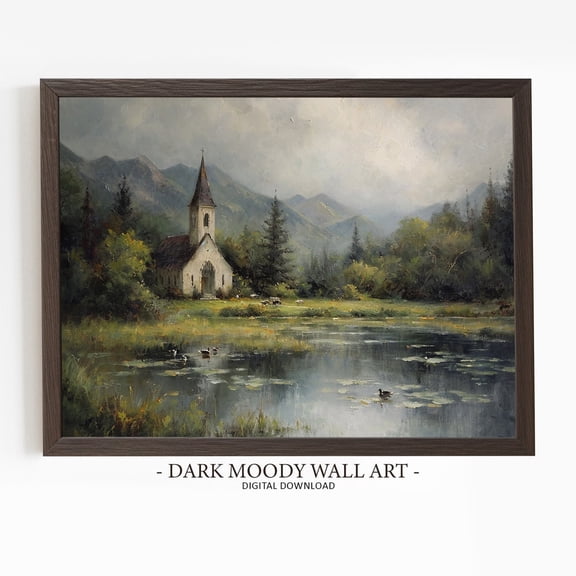 Vintage Church Wall Art Prints, Moody Landscape, Pond And Forest, Mountain Dark Cottagecore, Rustic, Living Room And Gallery Wall Decor