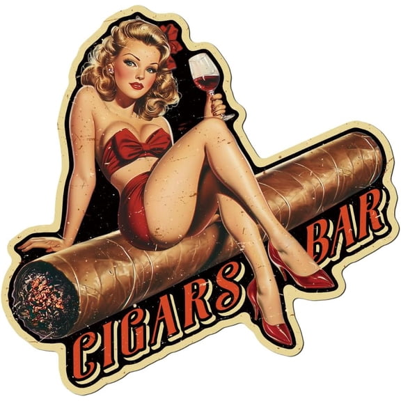 Vintage Cigars Pin Up Lady Metal Tin Sign 11.3x11 Inch Funny Retro Cigars Shop Bar Club Home Tin Sign CIGARS BAR Sexy Women On Cigars Wall Art Poster Plaque Decor for Home Man Cave Pub Colorful