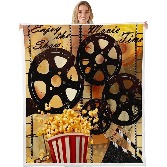 Vintage Cinema Movie Theater Fleece Throw Blanket for Children Cinema Poster Design Plush Blanket Popcorn Sherpa Blanket Room Decor Old Fashion Home Decor Fuzzy Blanket Throw 50"x60"