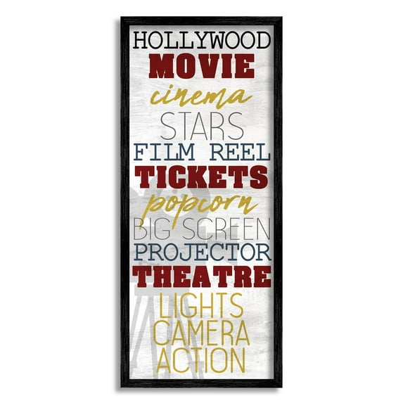 Vintage Cinema Projector Movie List Typography Graphic Art Black Framed Art Print Wall Art