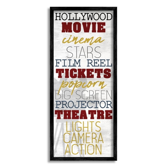 Vintage Cinema Projector Movie List Typography Graphic Art Black Framed Art Print Wall Art