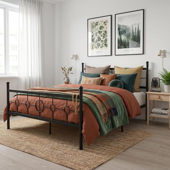 Metal Platform Bed Frame with Vintage circular headboard and footboard for classic style, Heavy-duty iron frame supports up to 800 lbs for Bedroom,Queen,Black