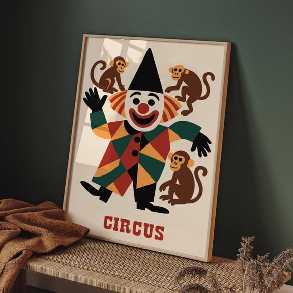 Vintage Circus Cheerful Clown Monkeys Art Poster, Stretched Canvas 8x10in