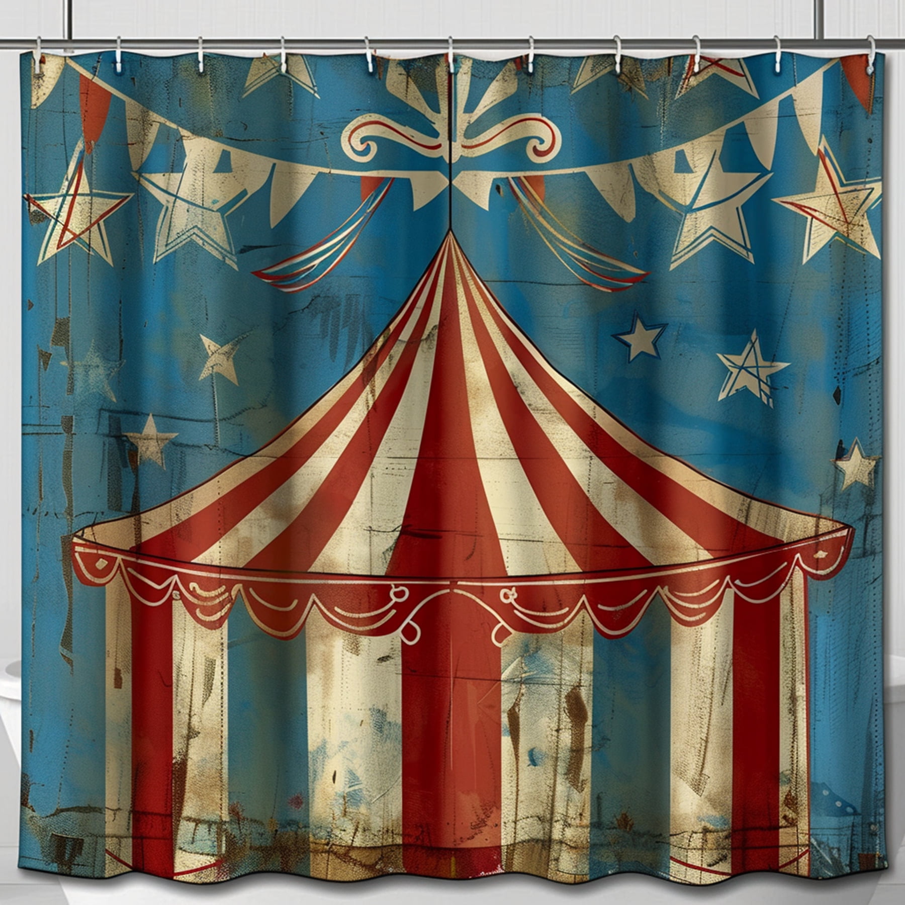 Vintage Circus Tent Shower Curtain Retro Red and Blue Bathroom Decor