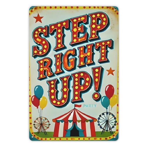 Vintage Circus-Themed Metal Sign Step Right Up! Party! - Colorful Retro Decor with Ferris Wheel and Carousel, Ideal for School, Youngsters' Room, or Party Scenes, Wall Hanging, No Power Needed