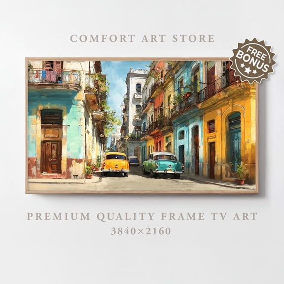 Vintage City Frame Tv Art Samsung Frame Tv Retro Cityscape Old Havana Street Frame Tv Art Vintage Cuba Travel Oil Painting Farmhouse Decor, Unframed Poster Size 8x12