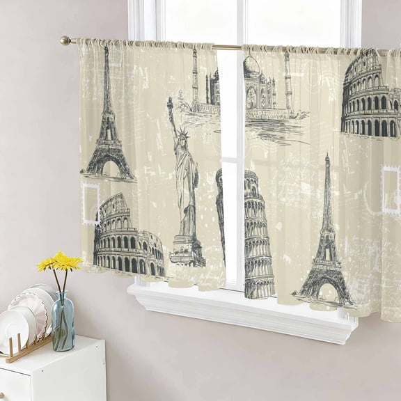 Vintage City Sheer Curtains 45 Inch Length 2 Panels Set, Modern Black Architecture Classic Buildings Voile Window Treatment Rod Pocket Small Kitchen Curtains Drapes for Bedroom 52"x45"x2