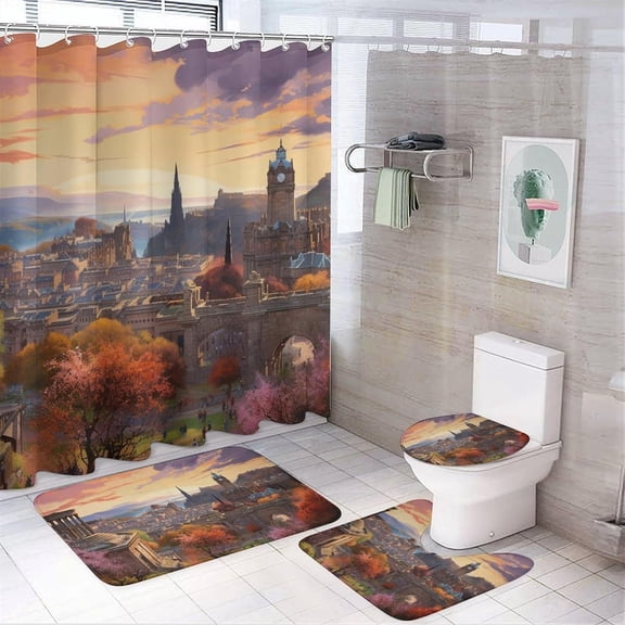 Vintage City Shower Curtain Sets with Rugs Toilet Lid Cover and Bath Mat Western Architecture Sunset Shower Curtains with 12 Hooks Waterproof 4 Piece Bathroom Decor Set, Style-3