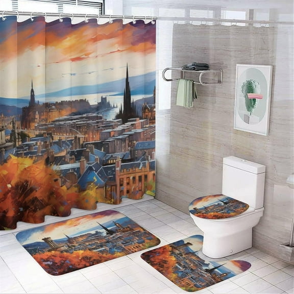 Vintage City Shower Curtain Sets with Rugs Toilet Lid Cover and Bath Mat Western Architecture Sunset Shower Curtains with 12 Hooks Waterproof 4 Piece Bathroom Decor Set, Style-3