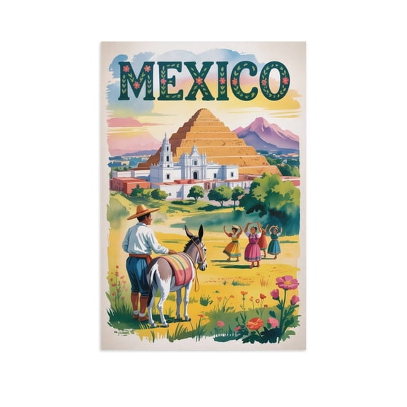 Vintage City Travel Poster of Cholula with Folk Dancers And Scenic Sunset Hill Canvas Poster