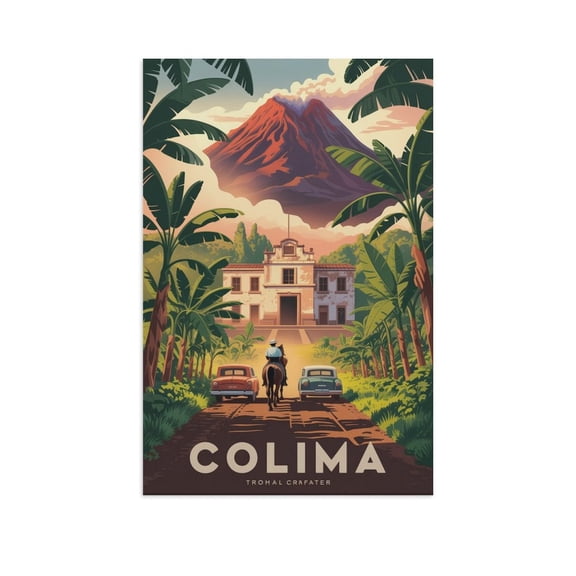 Vintage City Travel Poster of Colima Showing Trains, Horses And Rural Heritage Canvas Poster