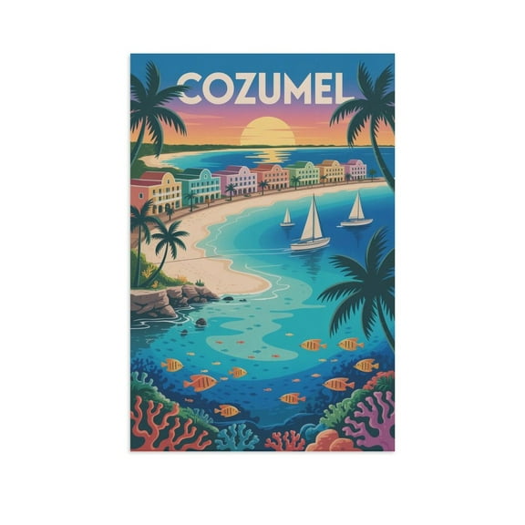 Vintage City Travel Poster of Cozumel with Retro Hotel Style And Sea Adventures Canvas Poster