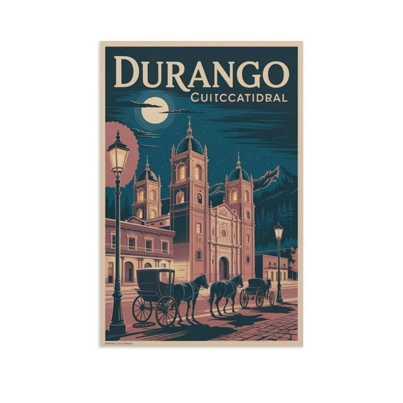 Vintage City Travel Poster of Durango Featuring Horse Carts And Glowing Skyline Canvas Poster
