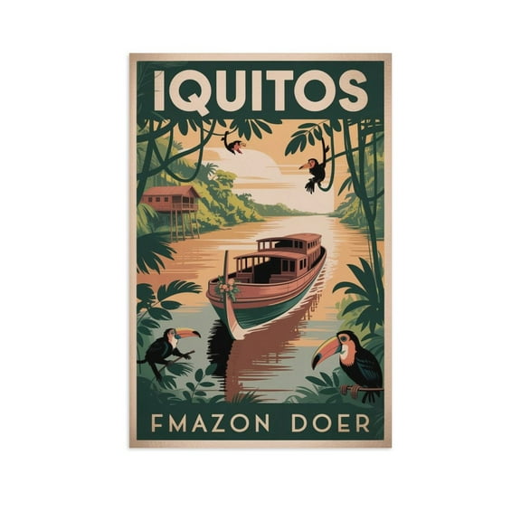 Vintage City Travel Poster of Iquitos Peru with Rainforest Scenery And Locals Print Poster