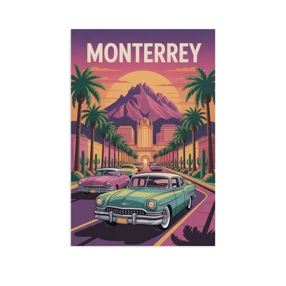 Vintage City Travel Poster of Monterrey with Bold Skyline And Local Life Details Print Poster