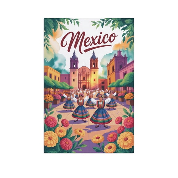 Vintage City Travel Poster of Oaxaca with Colorful Costumes And Historic Backdrop Print Poster
