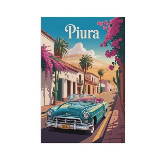 Vintage City Travel Poster of Piura Peru with Palm Trees And Colonial Facades Canvas Poster