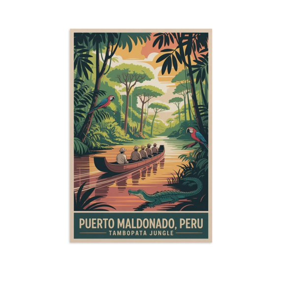 Vintage City Travel Poster of Puerto Maldonado Peru with River And Rainforest Canvas Poster