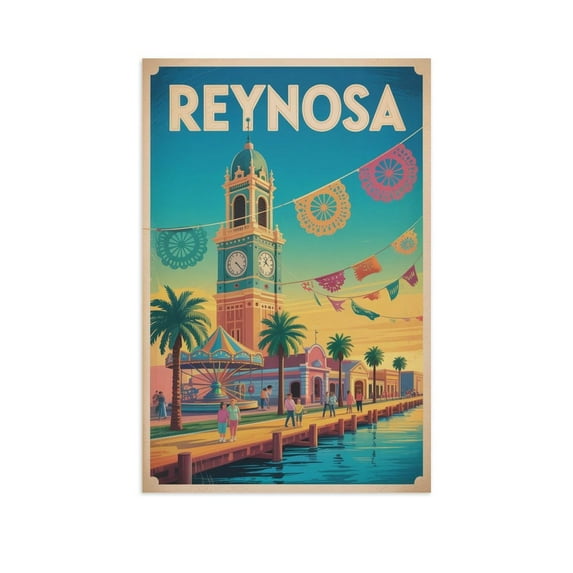 Vintage City Travel Poster of Reynosa Showing Border Life And Celebration Spirit Canvas Poster