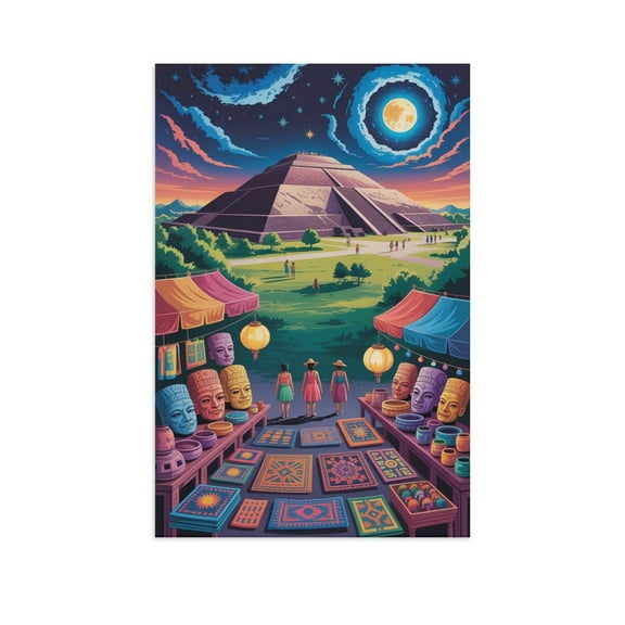 Vintage City Travel Poster of Teotihuacan Showing Cosmic Ruins And Artisan Scene Print Poster