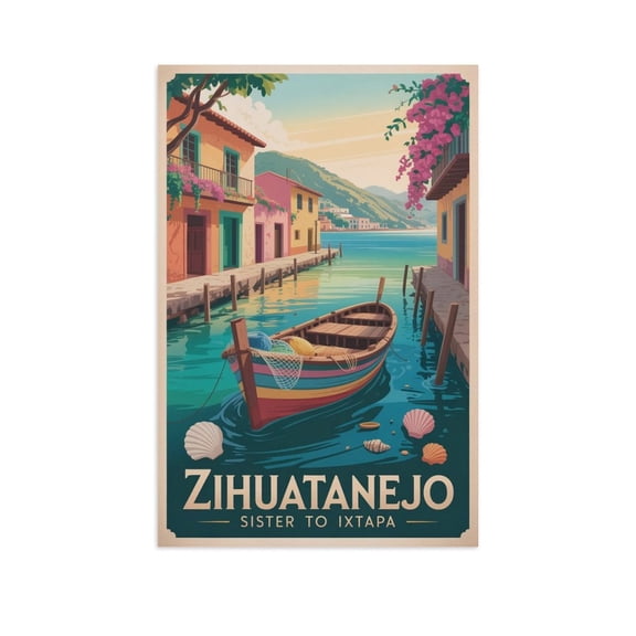 Vintage City Travel Poster of Zihuatanejo Showing Adobe Charm And Seaside Peace Canvas Poster