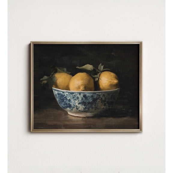 Vintage Cityscape Flemish Architecture Muted Earth Tones Lemon Still Life Rustic Kitchen Botanical Art Poster, UNFRAMED Size 30x30