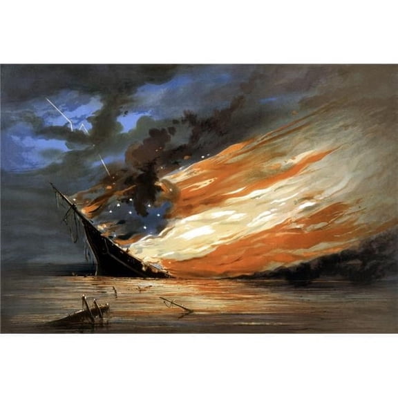 Vintage Civil War Painting of A Warship Burning in A Calm Sea Poster Print, 17 x 11
