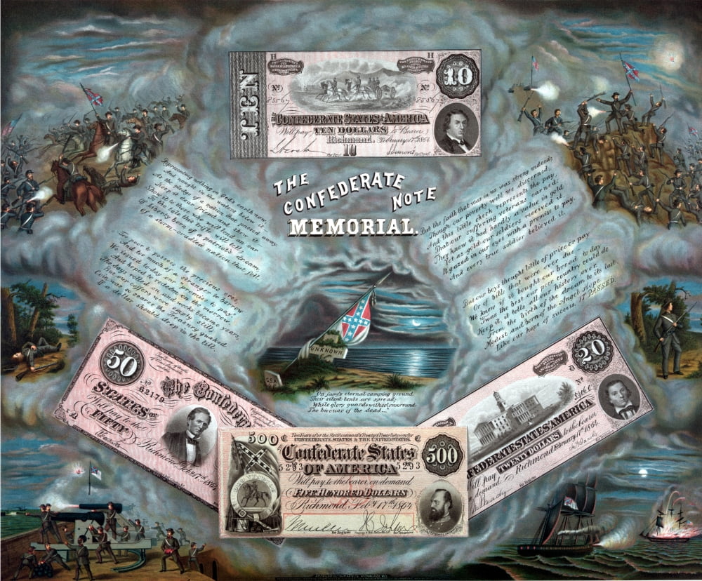 Vintage Civil War Print showing four reproductions of Confederate currency notes Canvas Art - John ParrotStocktrek Images (16 x 13)