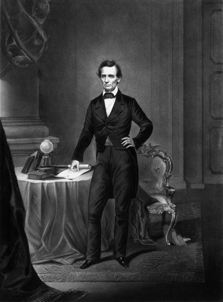 Vintage Civil War era print of President Abraham Lincoln standing near a table Canvas Art - John ParrotStocktrek Images (12 x 17)
