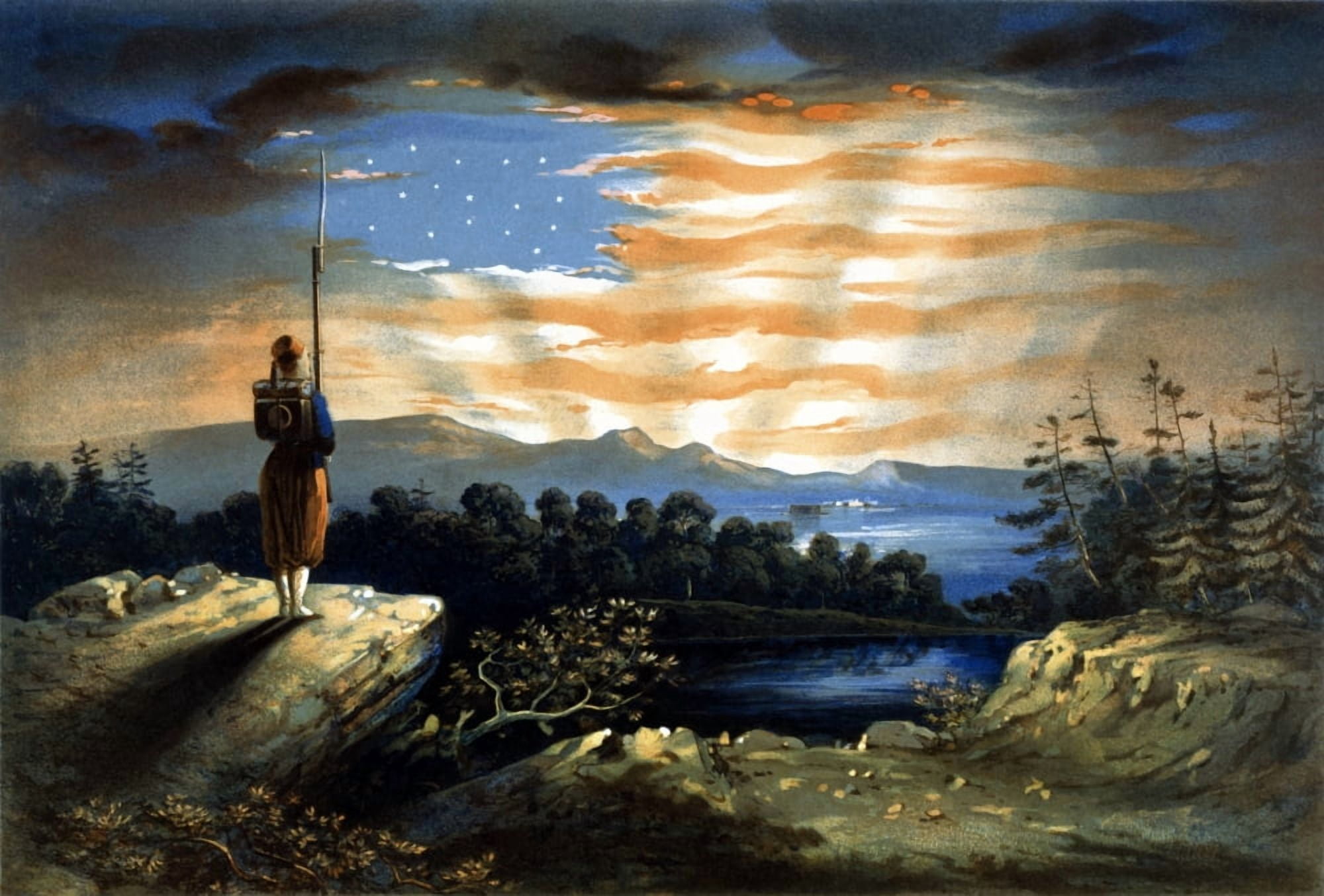 Vintage Civil War painting of a lone Zouave sentry overlooking a cliff Canvas Art - John ParrotStocktrek Images (17 x 12)