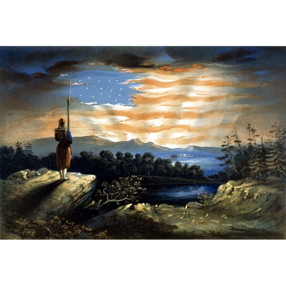 Vintage Civil War painting of a lone Zouave sentry overlooking a cliff Poster Print