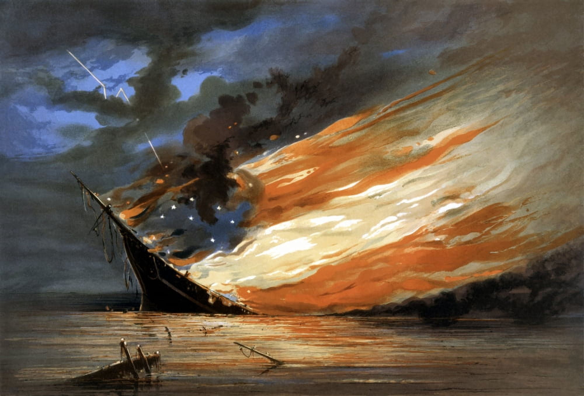 Vintage Civil War painting of a warship burning in a calm sea Canvas Art - John ParrotStocktrek Images (34 x 23)