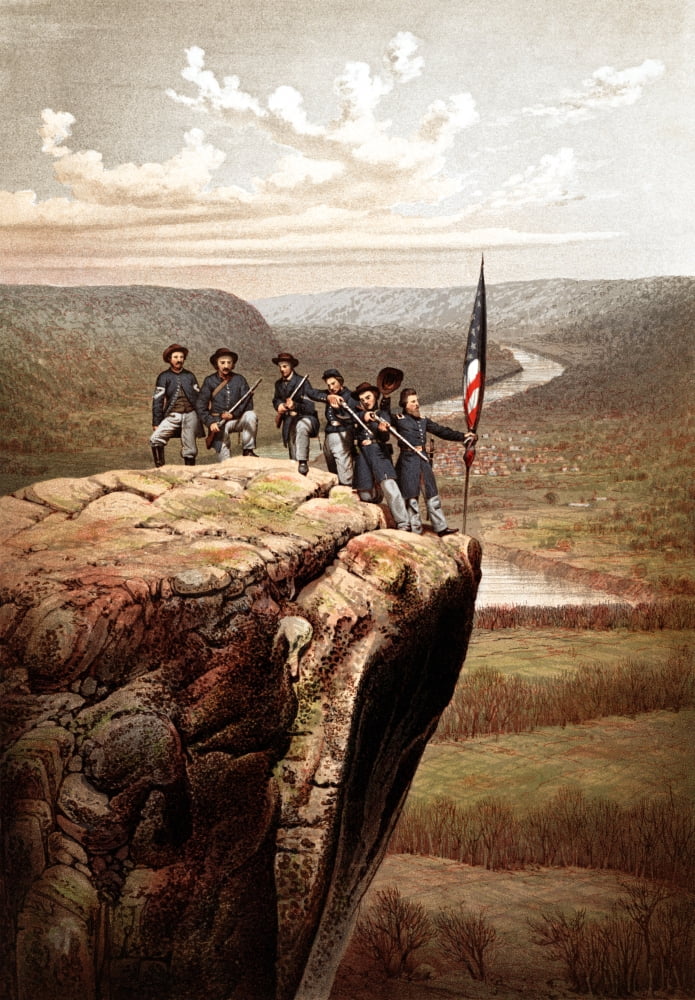 Vintage Civil War print of Union soldiers on the summit of Lookout Mountain Canvas Art - John ParrotStocktrek Images (12 x 17)