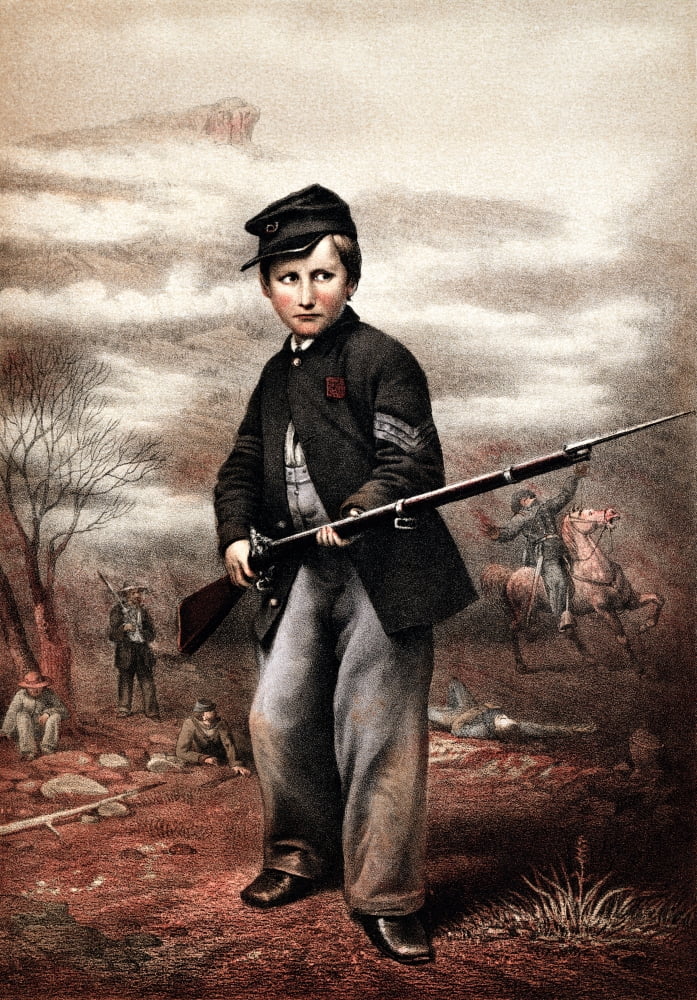 Vintage Civil War print of a Union Drummer Boy holding a rifle on battlefield Canvas Art - John ParrotStocktrek Images (24 x 34)