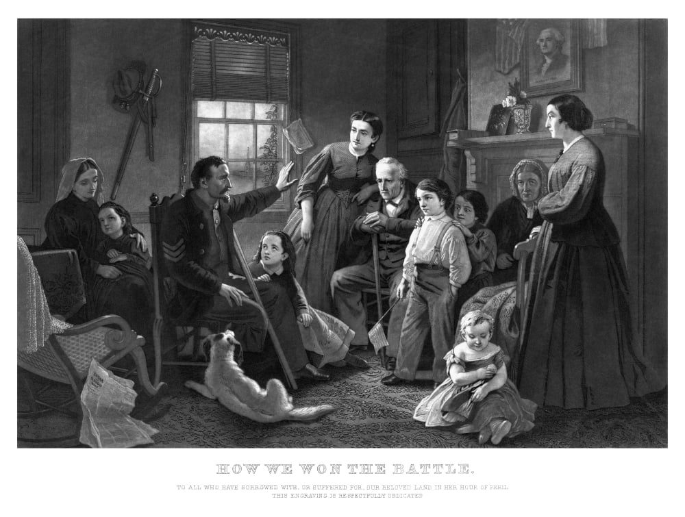 Vintage Civil War print of a Union soldier recounting a battle story to his family Canvas Art - John ParrotStocktrek Images (17 x 13)