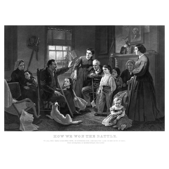 Vintage Civil War print of a Union soldier recounting a battle story to his family Canvas Art - John ParrotStocktrek Images (33 x 25)