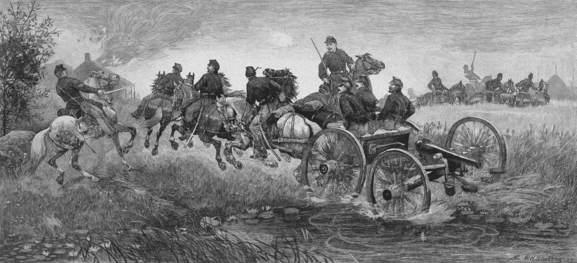Vintage Civil War print of a team of horses pulling a cannon into battle Canvas Art - John ParrotStocktrek Images (21 x 10)