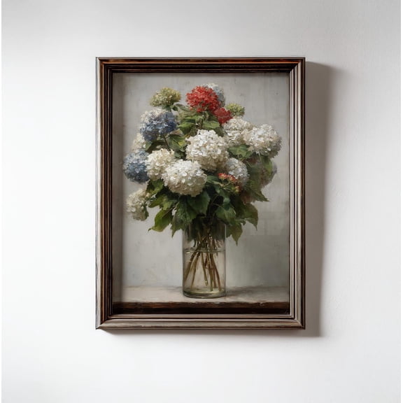 Vintage Classic Americana Hydrangea Red White Blue Floral Rustic Farmhouse Travel Wall Art Unframed Paper Print