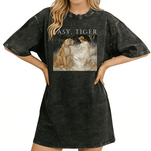 Vintage Classic Art Easy Tiger Print Tshirt Washed Black Graphic Tees Shirts Wildlife Fan S-2XL Tops