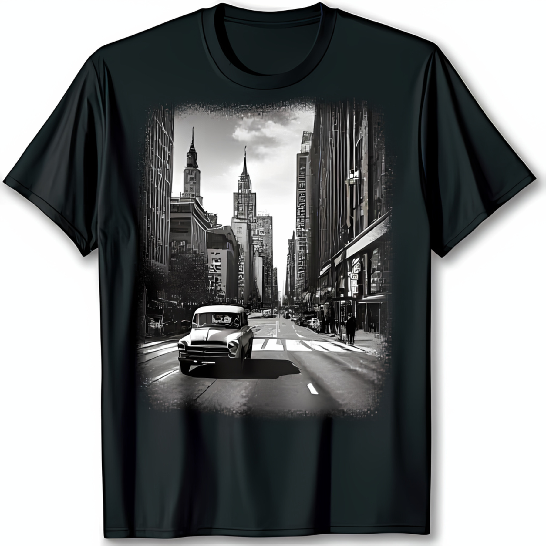 Vintage Classic Car Black TShirt Retro 1950s City Street Photo Print