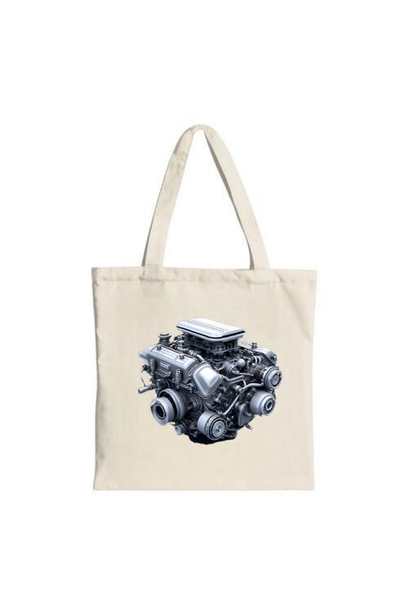 Vintage Classic Car Engine Tote Bag - Beige Canvas Intricate Design with Valves Perfect for Shopping & Travel