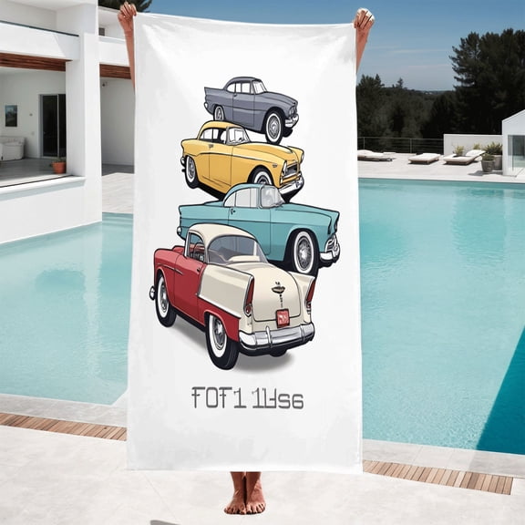 Vintage Classic Cars Beach Towel - Colorful Retro Design Perfect for Pool Bath and Travel - Ideal for Women